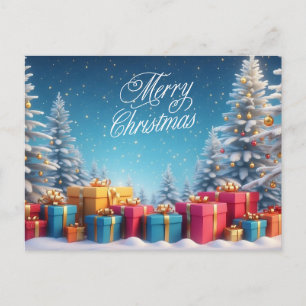 Christmas Trees and Gift Boxes Winter Landscape  Holiday Postcard