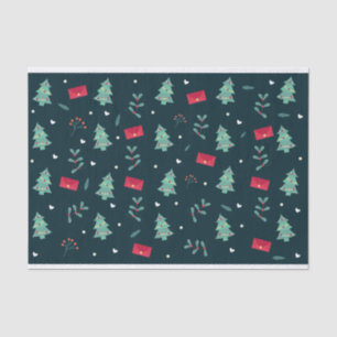 Christmas Trees and Holly Modern Pattern Dark Blue Tissue Paper