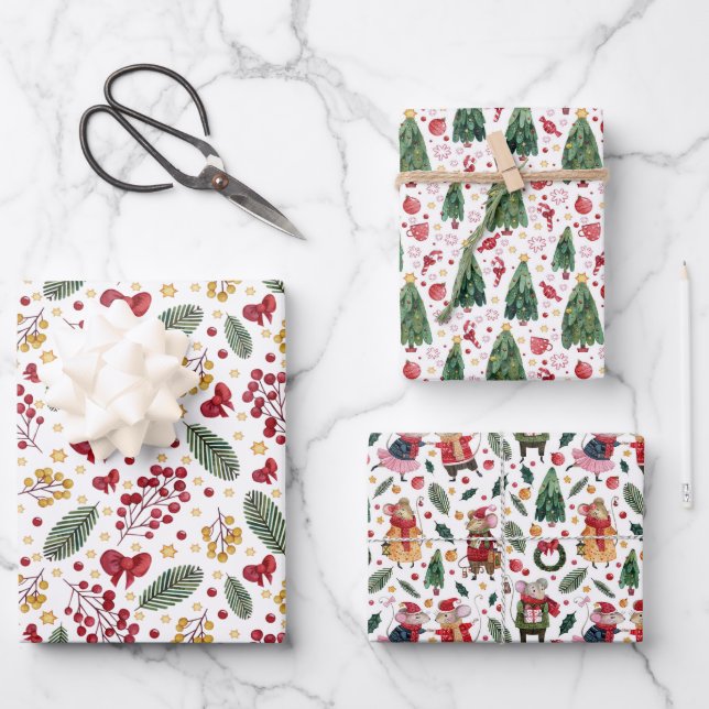 Christmas Trees and Mouse Wrapping Paper Sheet (Front)