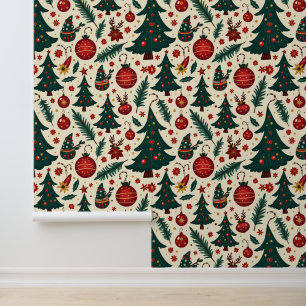 Christmas Trees and Ornaments Festive Pattern Wallpaper