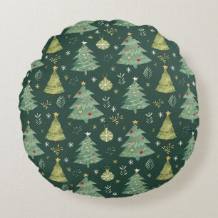 Christmas Trees and Ornaments Pattern Round Cushion