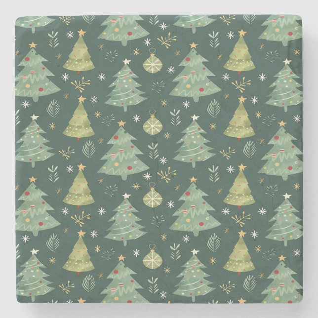 Christmas Trees and Ornaments Pattern Stone Coaster (Front)