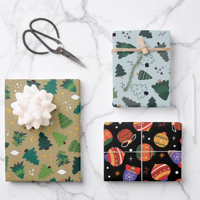 Christmas Trees and Ornaments Set of 3 Holiday Wrapping Paper Sheet (Front)