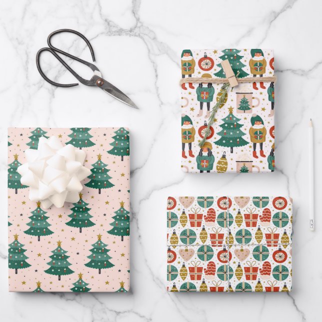 Christmas Trees and Ornaments Wrapping Paper Sheet (Front)