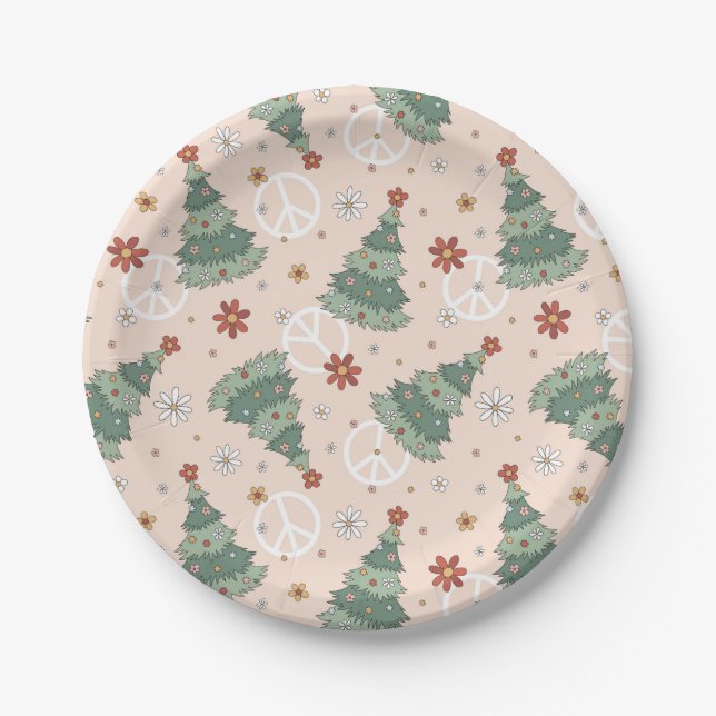 Christmas Trees and Peace Signs Pattern Paper Plate (Front)