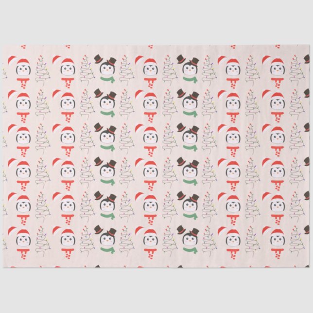 Christmas Trees and Penguins Beige Christmas Tissue Paper (Front)