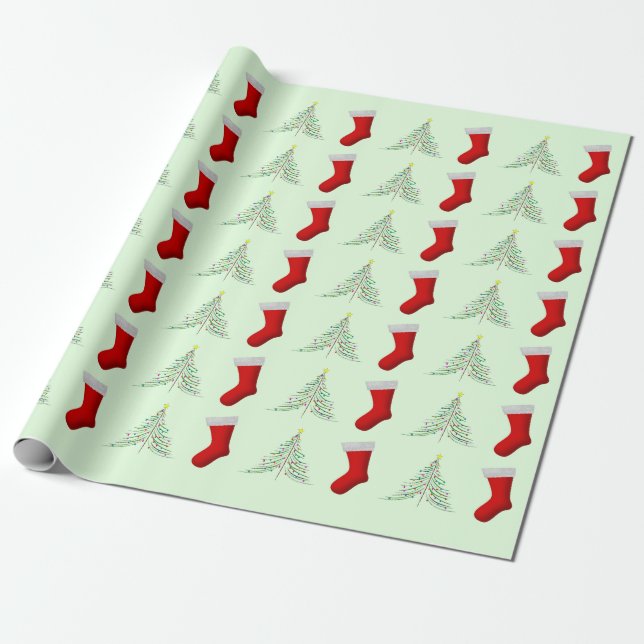 Christmas Trees and Red Christmas Stockings Wrapping Paper (Unrolled)