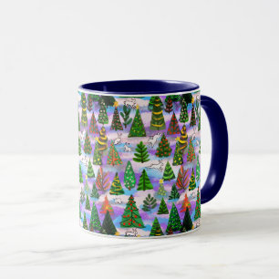 Christmas trees and snow hares mug