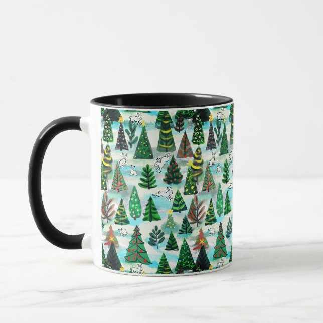 Christmas trees and snow hares mug (Left)