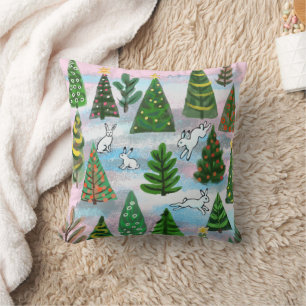 Christmas trees and snow hares throw pillow