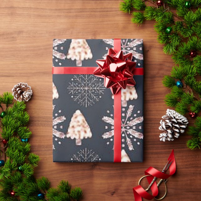Christmas Trees and Snowflakes Black Christmas Wrapping Paper (Holiday Gift)