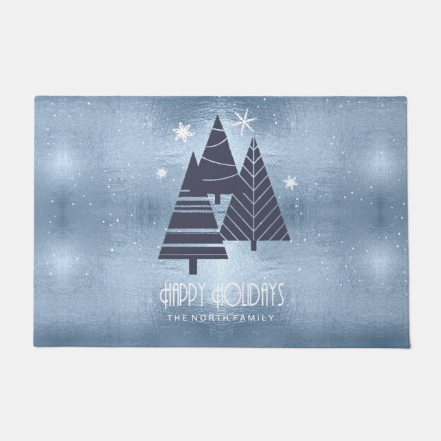 Christmas Trees and Snowflakes Blue ID863 Doormat (Front)