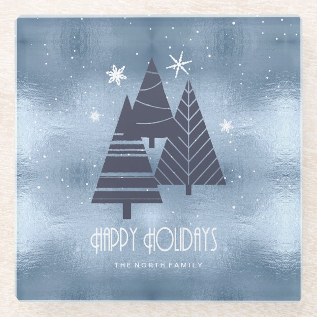 Christmas Trees and Snowflakes Blue ID863 Glass Coaster (Front)