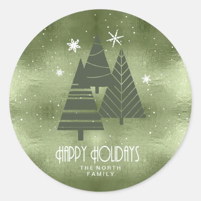 Christmas Trees and Snowflakes Green ID863 Classic Round Sticker (Front)