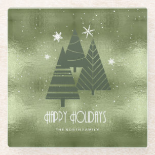 Christmas Trees and Snowflakes Green ID863 Glass Coaster