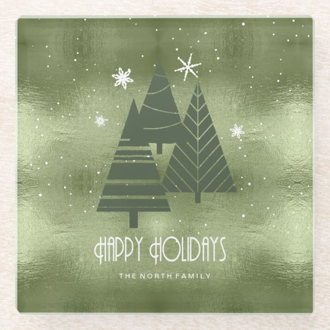 Christmas Trees and Snowflakes Green ID863 Glass Coaster (Front)