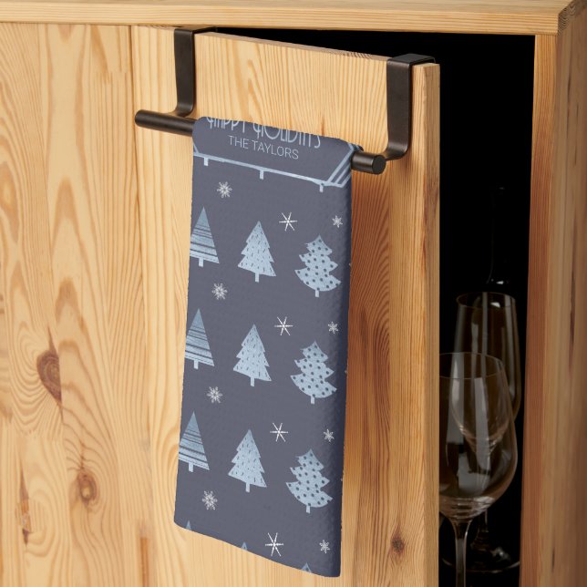 Christmas Trees and Snowflakes Pattern Blue ID863 Tea Towel (Thirds Fold)