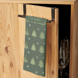 Christmas Trees and Snowflakes Pattern Green ID863 Tea Towel