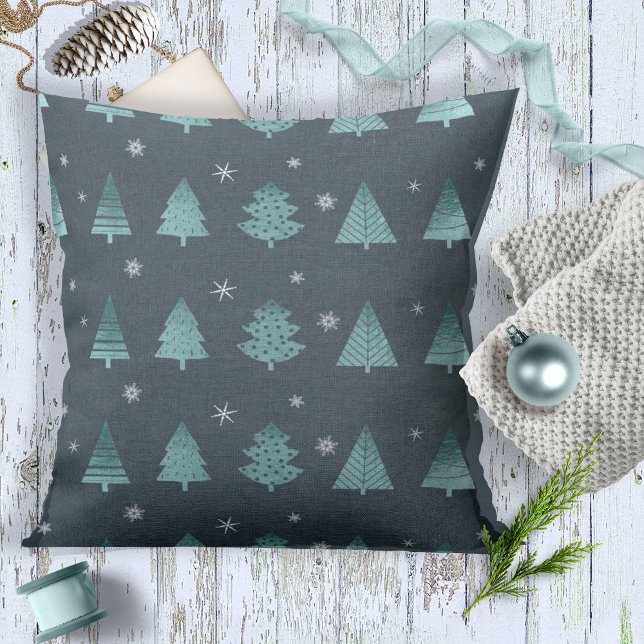 Christmas Trees and Snowflakes Pattern Teal ID863 Cushion (Creator Uploaded)