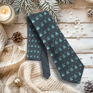 Christmas Trees and Snowflakes Pattern Teal ID863 Tie