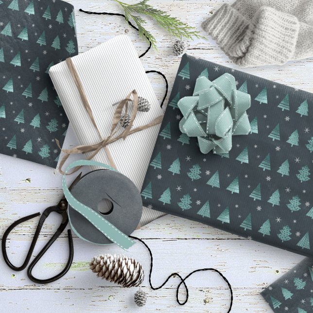 Christmas Trees and Snowflakes Pattern Teal ID863 Wrapping Paper (Creator Uploaded)
