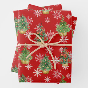 Christmas Trees and Snowflakes Red Wrapping Paper Sheet