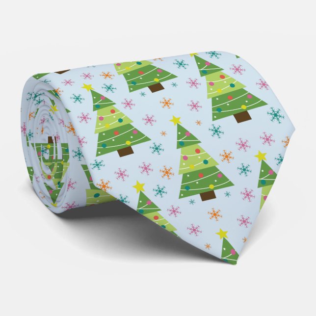 Christmas Trees and Snowflakes Repeat Pattern Tie (Rolled)
