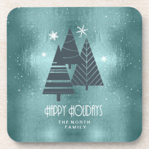 Christmas Trees and Snowflakes Teal ID863 Coaster