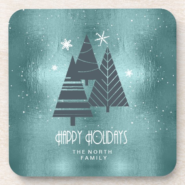 Christmas Trees and Snowflakes Teal ID863 Coaster (Front)