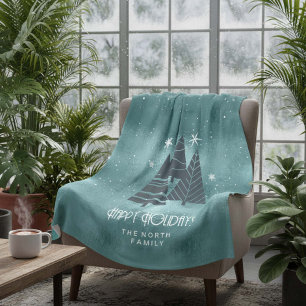 Christmas Trees and Snowflakes Teal ID863 Fleece Blanket