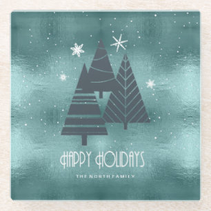 Christmas Trees and Snowflakes Teal ID863 Glass Coaster