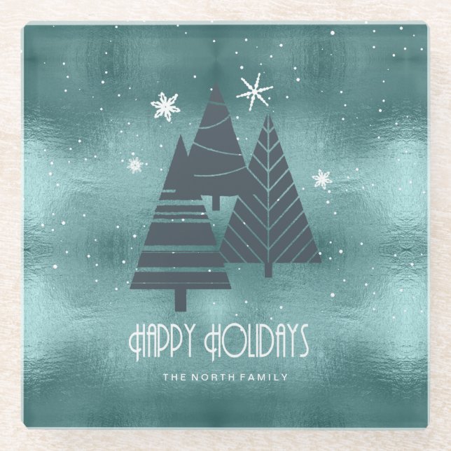 Christmas Trees and Snowflakes Teal ID863 Glass Coaster (Front)