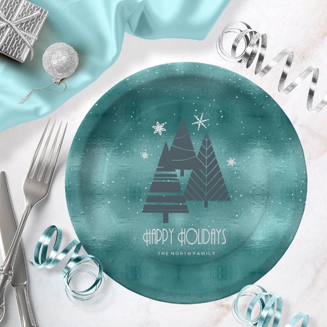 Christmas Trees and Snowflakes Teal ID863  Paper Plate (Creator Uploaded)