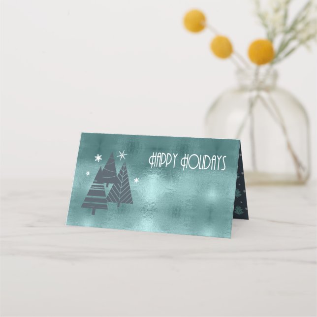 Christmas Trees and Snowflakes Teal ID863 Place Card (Front)