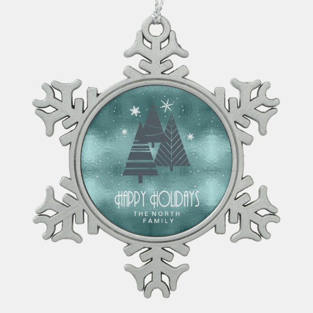Christmas Trees and Snowflakes Teal ID863 Snowflake Pewter Christmas Ornament (Front)