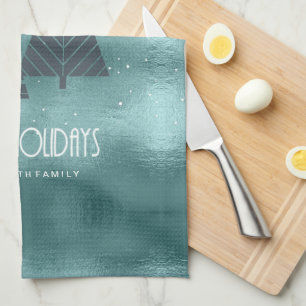 Christmas Trees and Snowflakes Teal ID863 Tea Towel