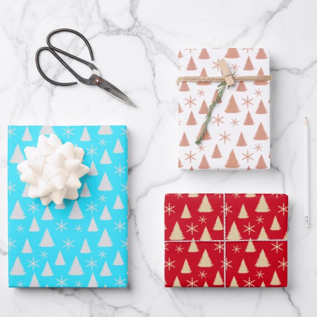 Christmas Trees and Snowflakes Wrapping Paper Sheet (Front)