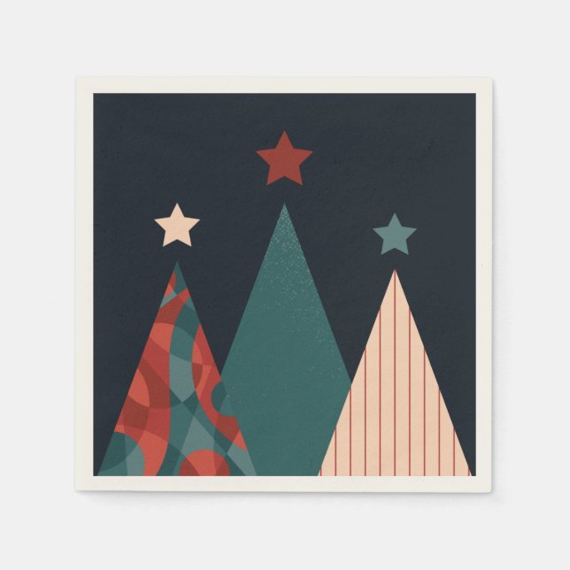 Christmas trees and stars in blue/red seasonal napkin (Front)