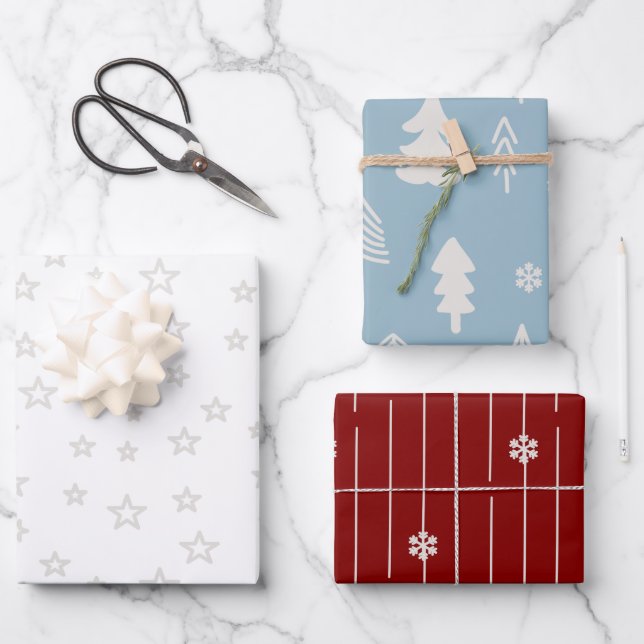 Christmas trees and stars in red and white blue wrapping paper sheet (Front)