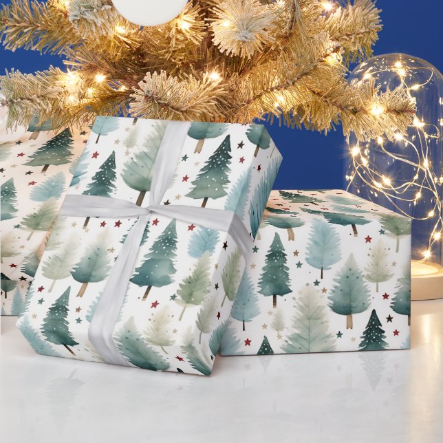 Christmas Trees and Stars Modern Christmas Wrapping Paper (Holidays)
