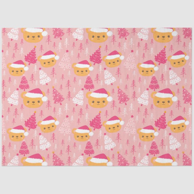 Christmas Trees and Teddy Bears Pink Christmas Tissue Paper (Front)