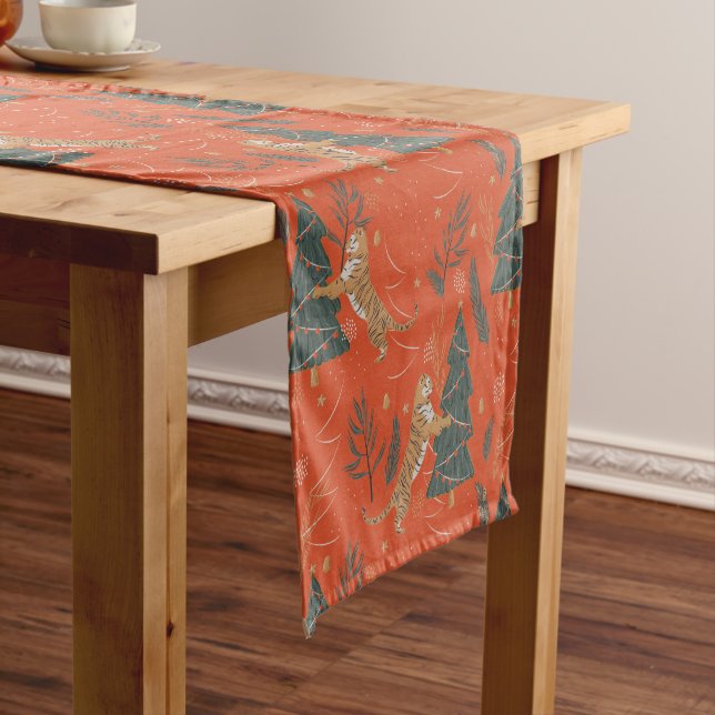 Christmas trees and tigers pattern short table runner (In Situ)