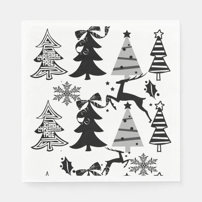 Christmas Trees Balck & White Paper Napkins (Front)