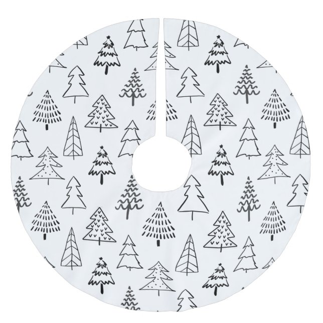 Christmas Trees Black and White Pattern Brushed Polyester Tree Skirt (Front)