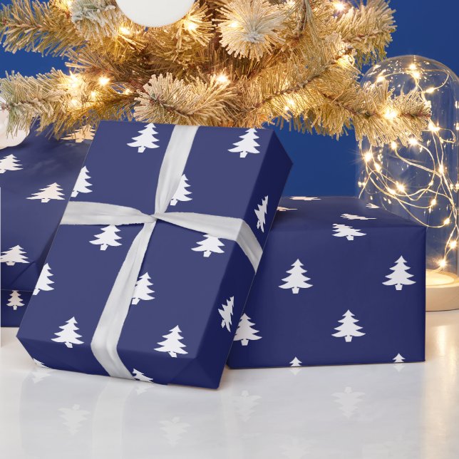 Christmas Trees blue and white simple modern Wrapping Paper (Holidays)