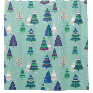 Christmas trees, blue background shower curtain