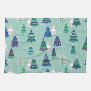 Christmas trees, blue background tea towel