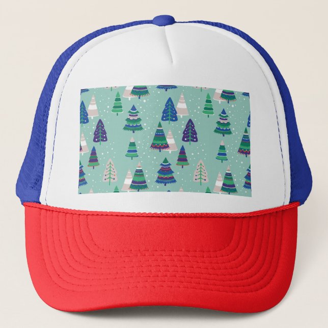Christmas trees, blue background trucker hat (Front)