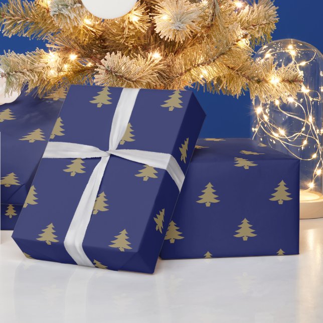 Christmas Trees blue gold simple modern cute Wrapping Paper (Holidays)
