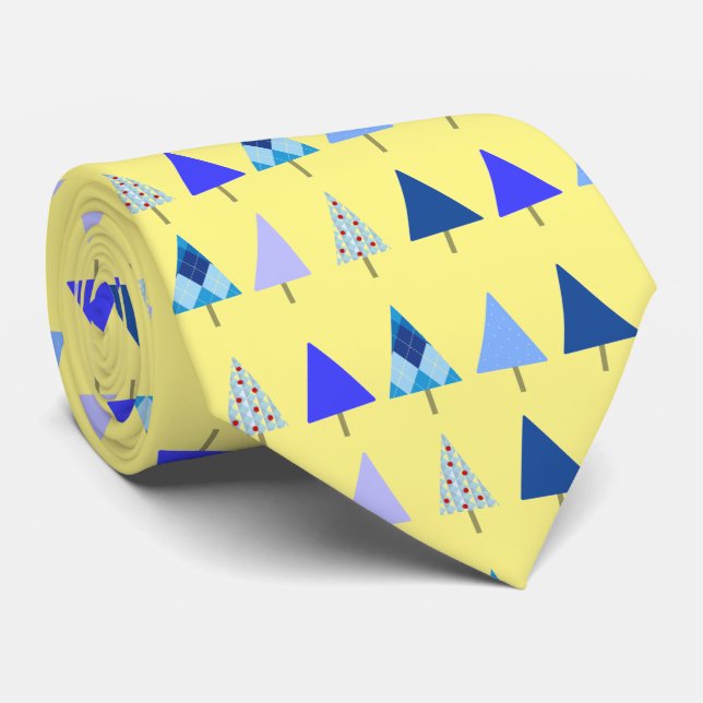 Christmas Trees Blue on Yellow X-Mas Party Tie (Rolled)